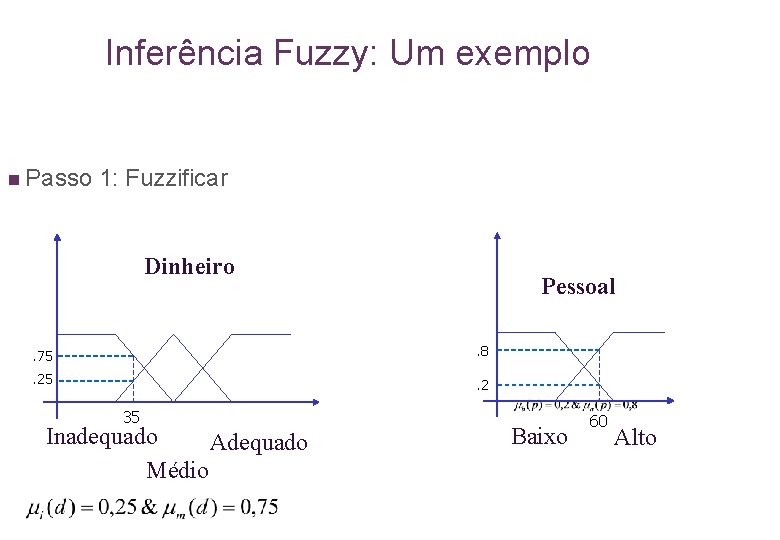 Inferência Fuzzy: Um exemplo n Passo 1: Fuzzificar Dinheiro Pessoal . 75 . 8