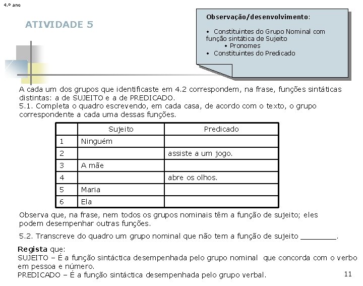 4. º ano Observação/desenvolvimento: ATIVIDADE 5 • Constituintes do Grupo Nominal com função sintática