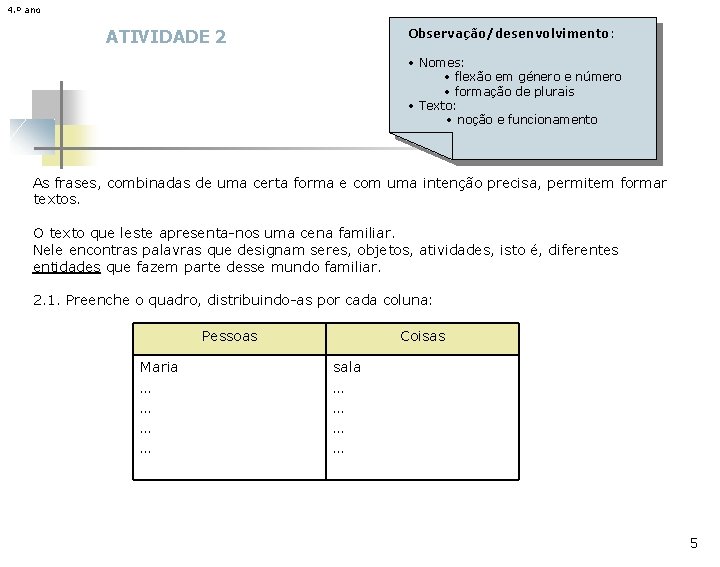 4. º ano ATIVIDADE 2 Observação/desenvolvimento: • Nomes: • flexão em género e número