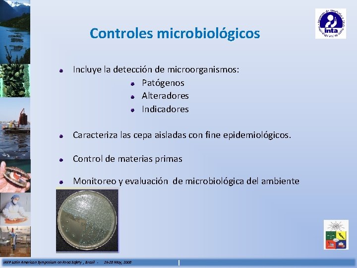 Controles microbiológicos Incluye la detección de microorganismos: Patógenos Alteradores Indicadores Caracteriza las cepa aisladas