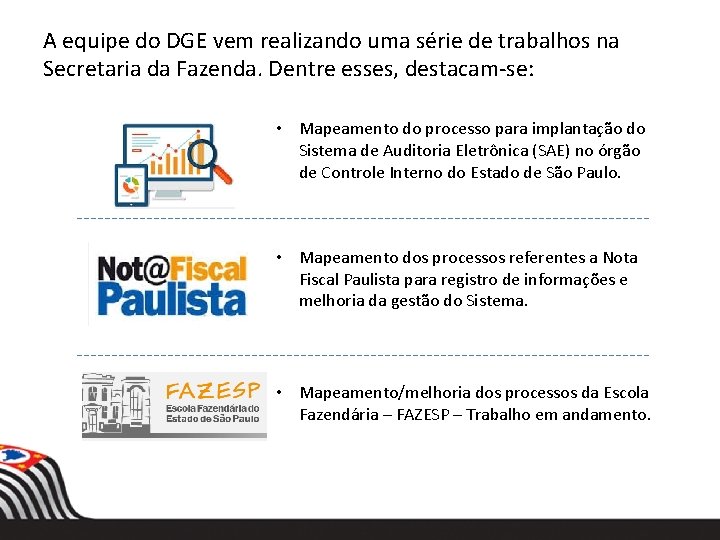 A equipe do DGE vem realizando uma série de trabalhos na Secretaria da Fazenda.