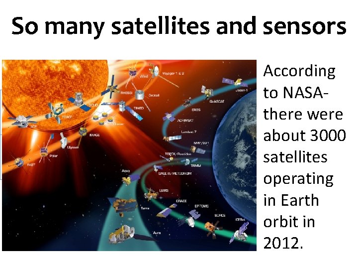 So many satellites and sensors According to NASAthere were about 3000 satellites operating in
