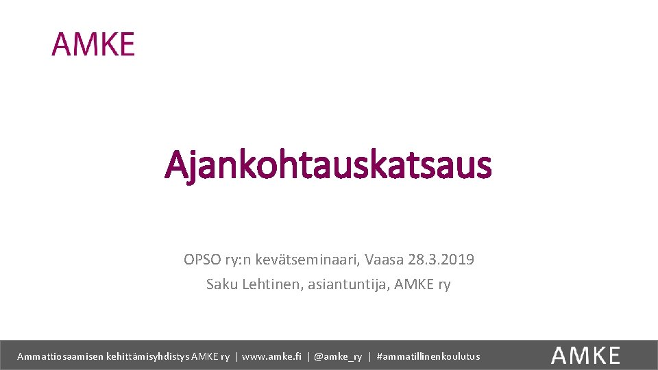 Ajankohtauskatsaus OPSO ry: n kevätseminaari, Vaasa 28. 3. 2019 Saku Lehtinen, asiantuntija, AMKE ry