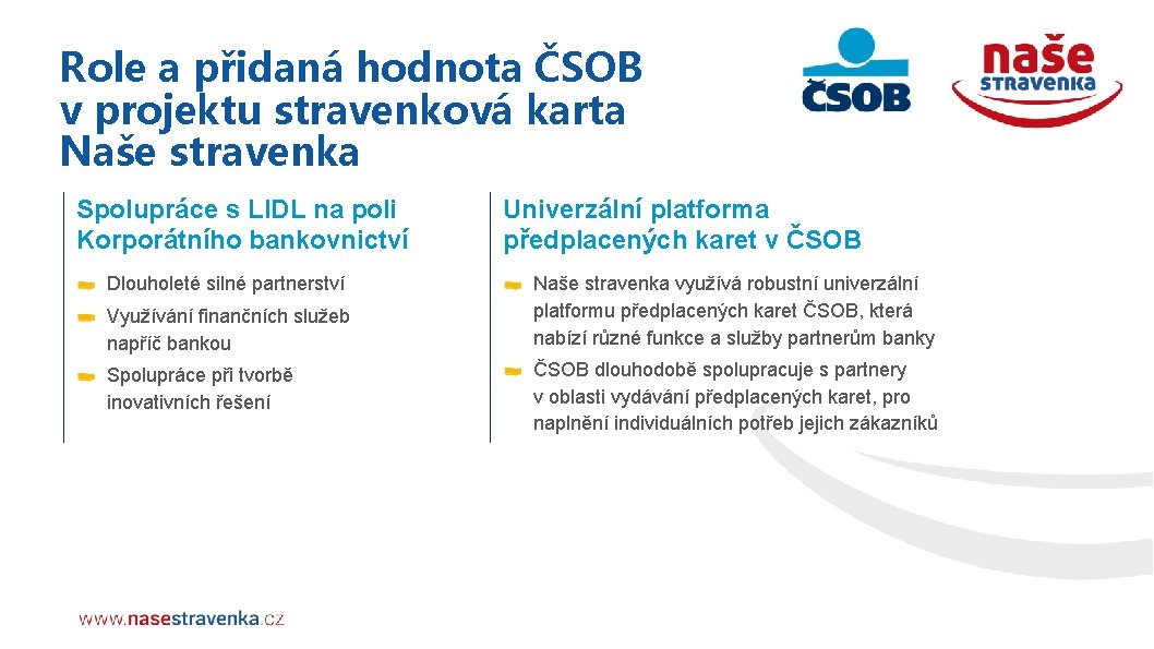 Role a přidaná hodnota ČSOB v projektu stravenková karta Naše stravenka Spolupráce s LIDL Role a přidaná hodnota ČSOB v projektu stravenková karta Naše stravenka Spolupráce s LIDL