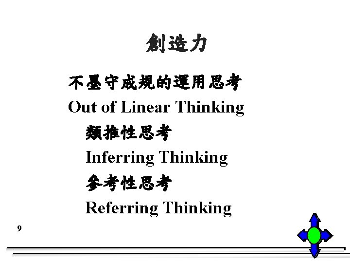 創造力 不墨守成規的運用思考 Out of Linear Thinking 類推性思考 Inferring Thinking 參考性思考 Referring Thinking 9 