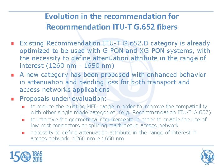 Evolution in the recommendation for Recommendation ITU-T G. 652 fibers Existing Recommendation ITU-T G.