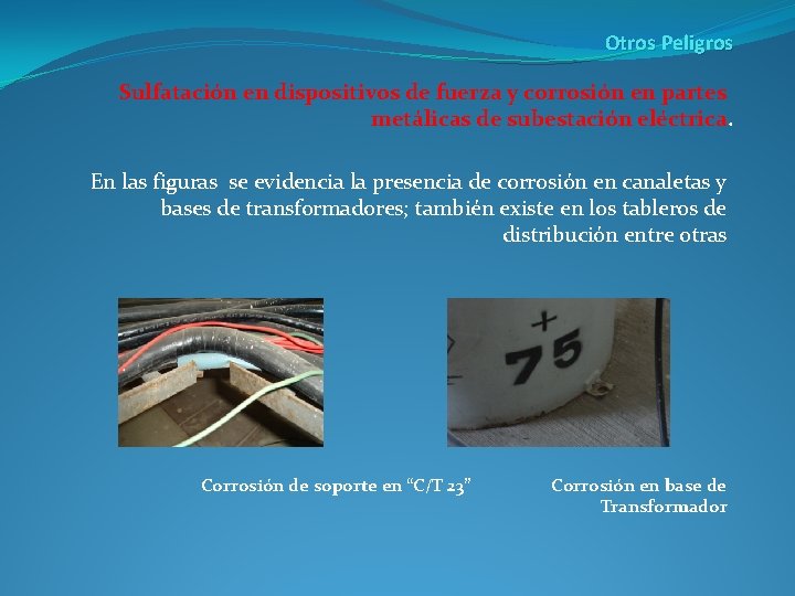 Otros Peligros Sulfatación en dispositivos de fuerza y corrosión en partes metálicas de subestación