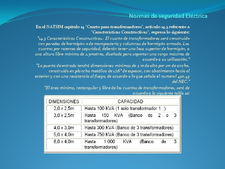 Normas de seguridad Eléctrica En el NATSIM capítulo 14 “Cuarto para transformadores”, artículo 14.