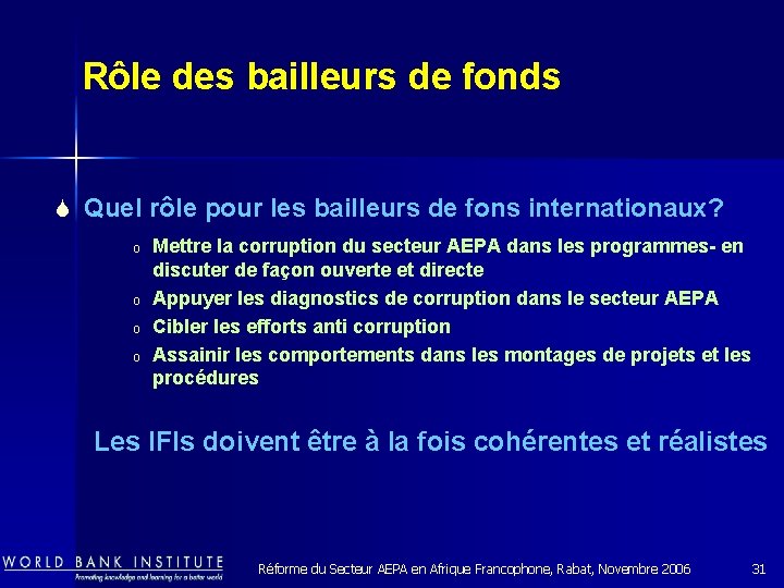 Rôle des bailleurs de fonds S Quel rôle pour les bailleurs de fons internationaux?
