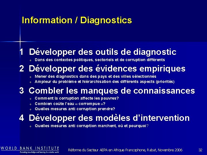 Information / Diagnostics 1 Développer des outils de diagnostic o Dans des contextes politiques,