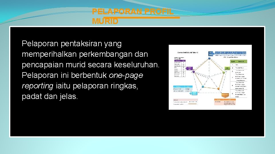 PELAPORAN PROFIL MURID Pelaporan pentaksiran yang memperihalkan perkembangan dan pencapaian murid secara keseluruhan. Pelaporan