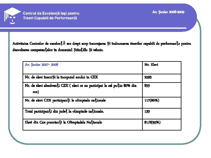 An şcolar 2008 -2009 Activitatea Centrelor de excelenţă are drept scop încurajarea şi îndrumarea