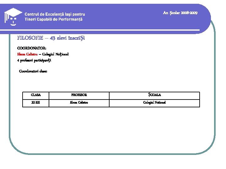 An şcolar 2008 -2009 FILOSOFIE – 43 elevi înscrişi COORDONATOR: Elena Calistru – Colegiul