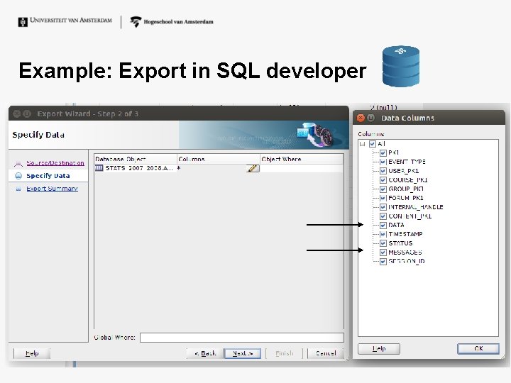 Example: Export in SQL developer Example: Export in SQL developer