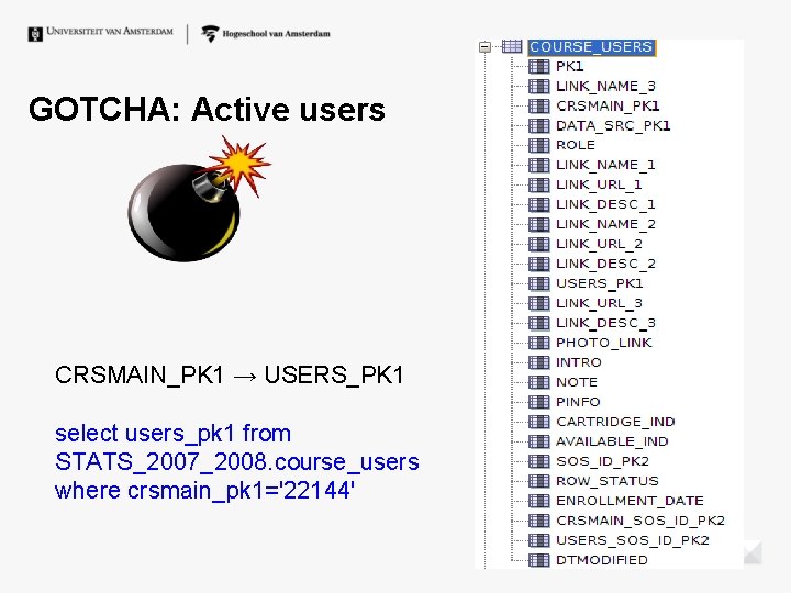 GOTCHA: Active users CRSMAIN_PK 1 → USERS_PK 1 select users_pk 1 from STATS_2007_2008. course_users GOTCHA: Active users CRSMAIN_PK 1 → USERS_PK 1 select users_pk 1 from STATS_2007_2008. course_users