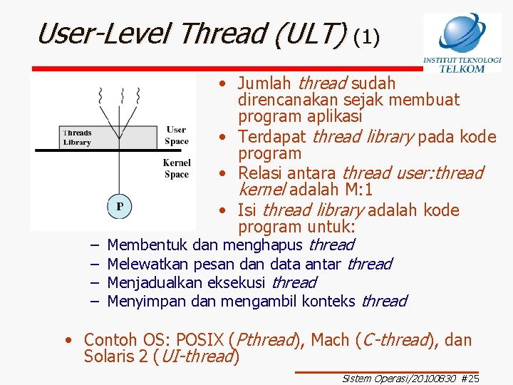 User-Level Thread (ULT) (1) – – • Jumlah thread sudah direncanakan sejak membuat program