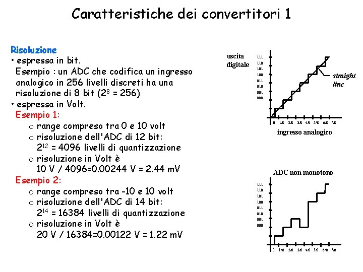 Caratteristiche dei convertitori 1 Risoluzione • espressa in bit. Esempio : un ADC che