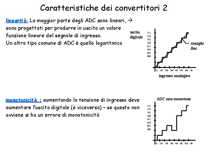 Caratteristiche dei convertitori 2 linearità: La maggior parte degli ADC sono lineari, sono progettati