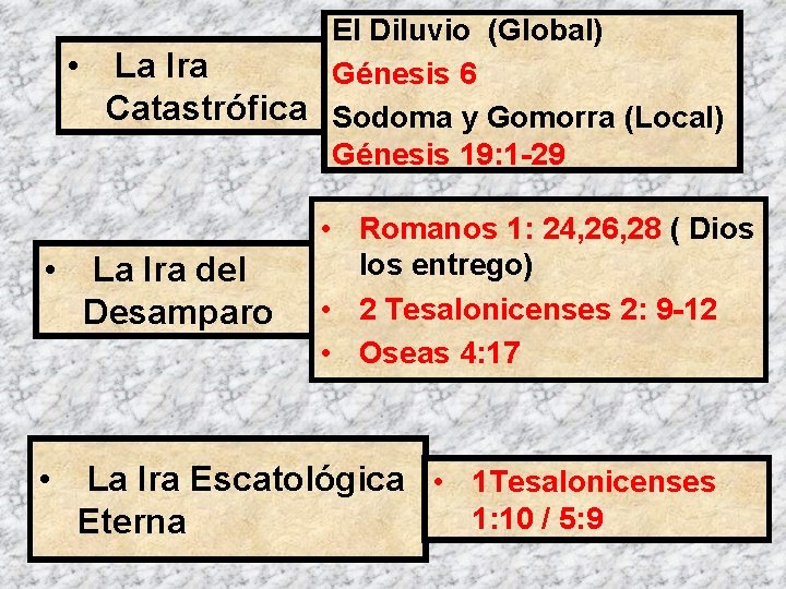 El Diluvio (Global) • La Ira Génesis 6 Catastrófica Sodoma y Gomorra (Local) Génesis