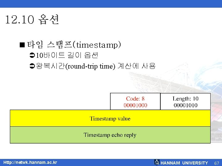 12. 10 옵션 <타임 스탬프(timestamp) Ü 10바이트 길이 옵션 Ü왕복시간(round-trip time) 계산에 사용 Http: