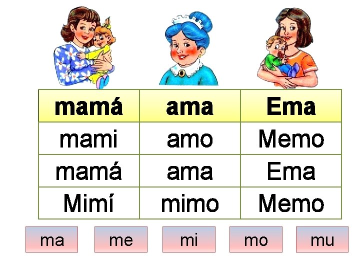 mamá mami mamá Mimí ma me ama amo ama mimo mi Ema Memo mo