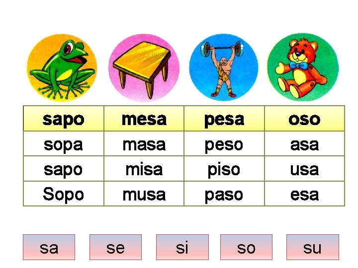 sapo sopa sapo Sopo sa mesa masa misa musa se pesa peso piso paso