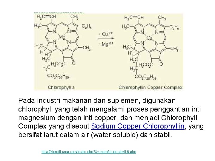 Pada industri makanan dan suplemen, digunakan chlorophyll yang telah mengalami proses penggantian inti magnesium