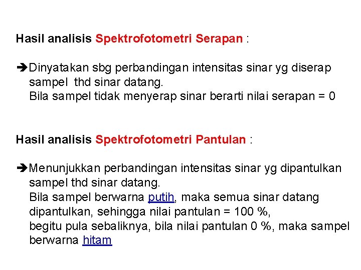 Hasil analisis Spektrofotometri Serapan : Dinyatakan sbg perbandingan intensitas sinar yg diserap sampel thd