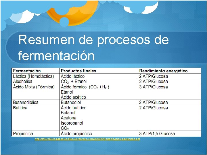 Resumen de procesos de fermentación http: //microbiologiabasica. files. wordpress. com/2008/04/clasificacion-bacteriana. pdf 