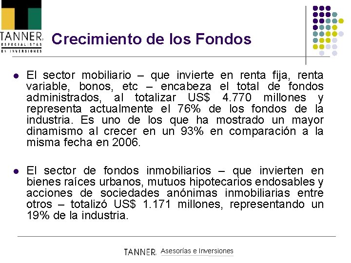 Crecimiento de los Fondos l El sector mobiliario – que invierte en renta fija,