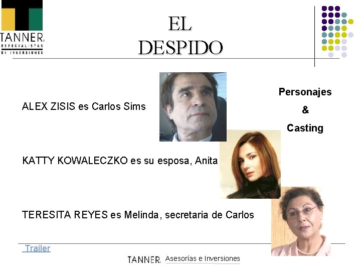 EL DESPIDO Personajes ALEX ZISIS es Carlos Sims & Casting KATTY KOWALECZKO es su