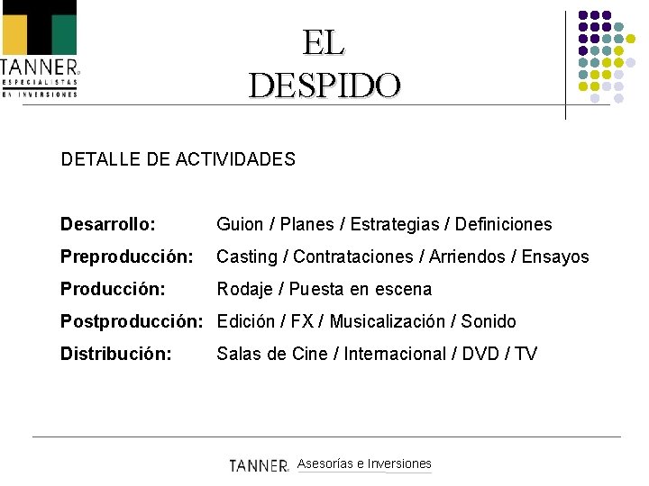 EL DESPIDO DETALLE DE ACTIVIDADES Desarrollo: Guion / Planes / Estrategias / Definiciones Preproducción: