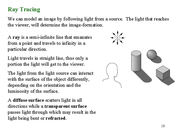 Ray Tracing We can model an image by following light from a source. The