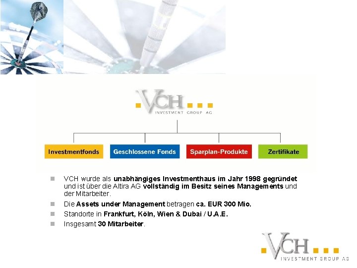 n n VCH wurde als unabhängiges Investmenthaus im Jahr 1998 gegründet und ist über