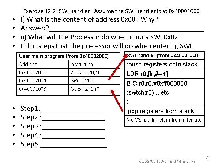 Exercise 12. 2: SWI handler : Assume the SWI handler is at 0 x