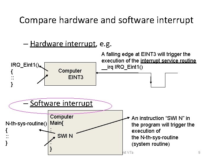 Compare hardware and software interrupt – Hardware interrupt, e. g. IRQ_Eint 1() { :