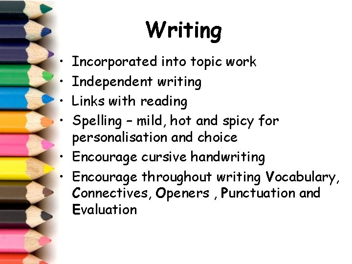 Writing • • Incorporated into topic work Independent writing Links with reading Spelling –