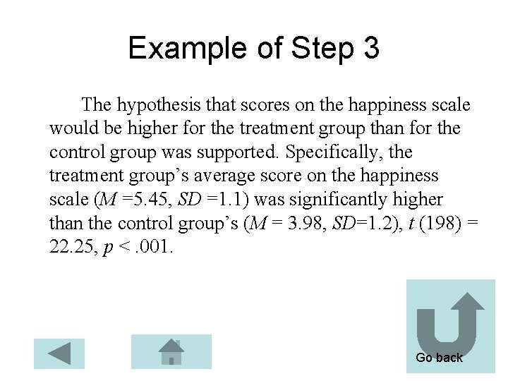 Example of Step 3 The hypothesis that scores on the happiness scale would be Example of Step 3 The hypothesis that scores on the happiness scale would be