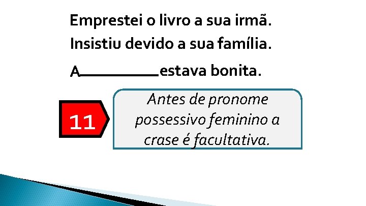 Emprestei o livro a sua irmã. Insistiu devido a sua família. A 11 estava