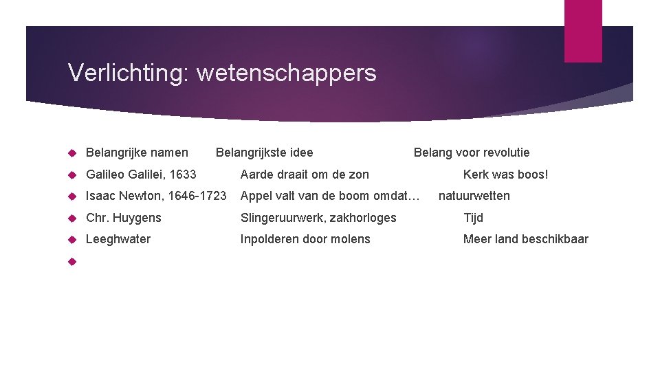 Verlichting: wetenschappers Belangrijke namen Galileo Galilei, 1633 Aarde draait om de zon Isaac Newton,