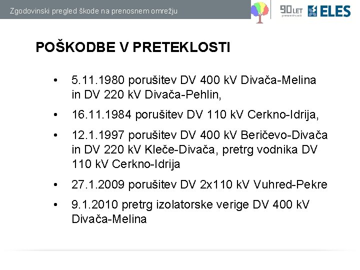 Zgodovinski pregled škode na prenosnem omrežju POŠKODBE V PRETEKLOSTI • 5. 11. 1980 porušitev