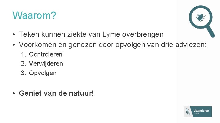 Waarom? • Teken kunnen ziekte van Lyme overbrengen • Voorkomen en genezen door opvolgen