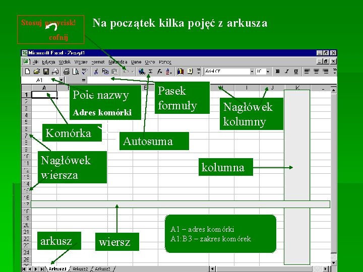 Stosuj przycisk! Na początek kilka pojęć z arkusza cofnij Pole nazwy Adres komórki Komórka