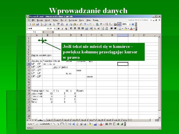 Wprowadzanie danych Jeśli tekst nie mieści się w komórce – powiększ kolumnę przeciągając kursor