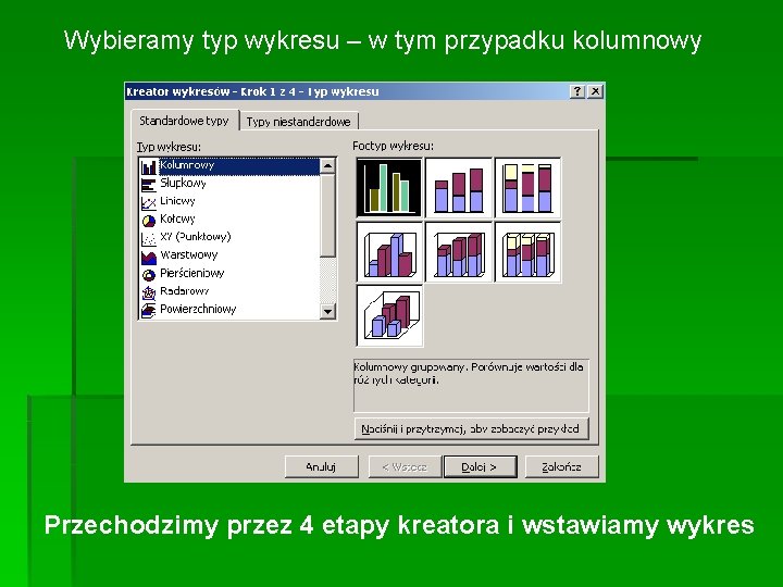 Wybieramy typ wykresu – w tym przypadku kolumnowy Przechodzimy przez 4 etapy kreatora i