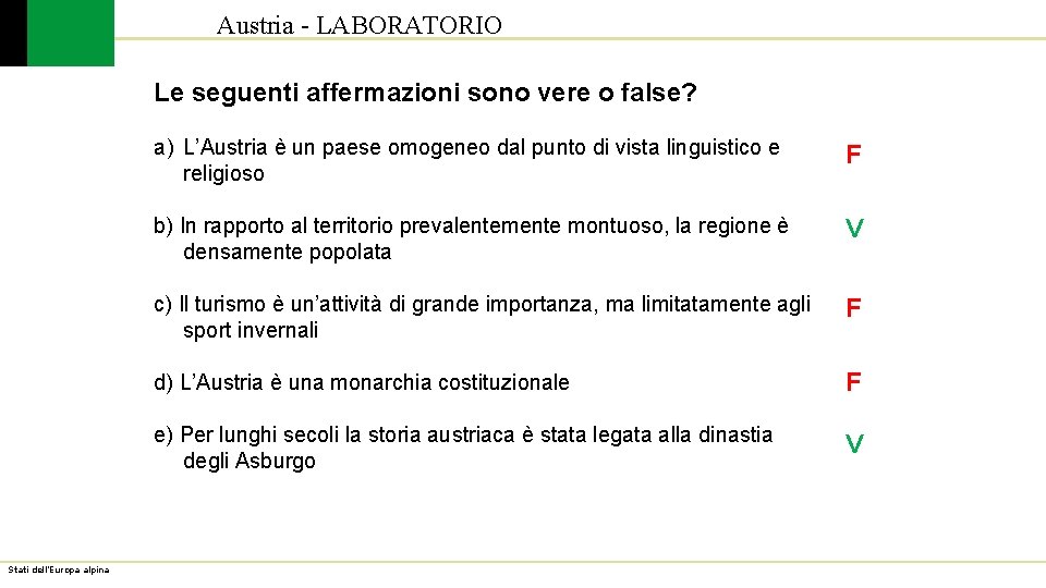 Austria - LABORATORIO Le seguenti affermazioni sono vere o false? Stati dell’Europa alpina a)