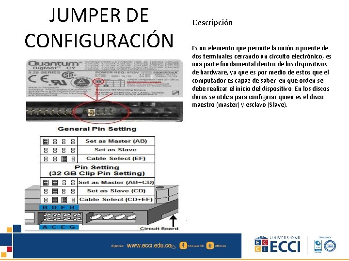 JUMPER DE CONFIGURACIÓN Descripción Es un elemento que permite la unión o puente de