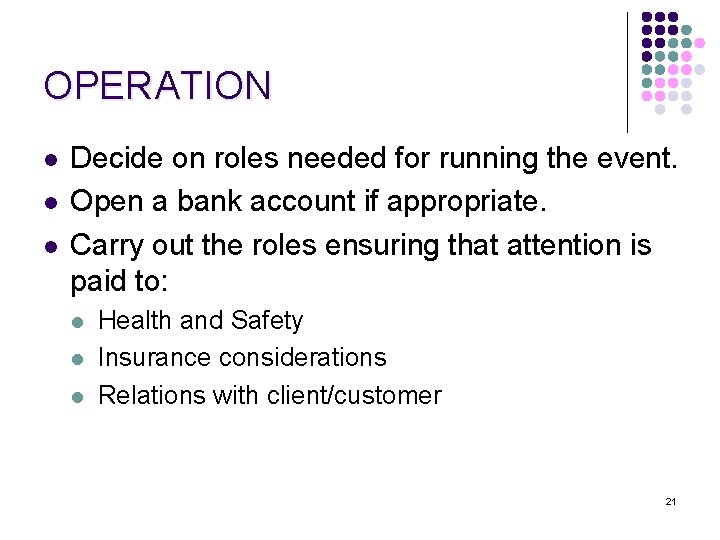 OPERATION l l l Decide on roles needed for running the event. Open a