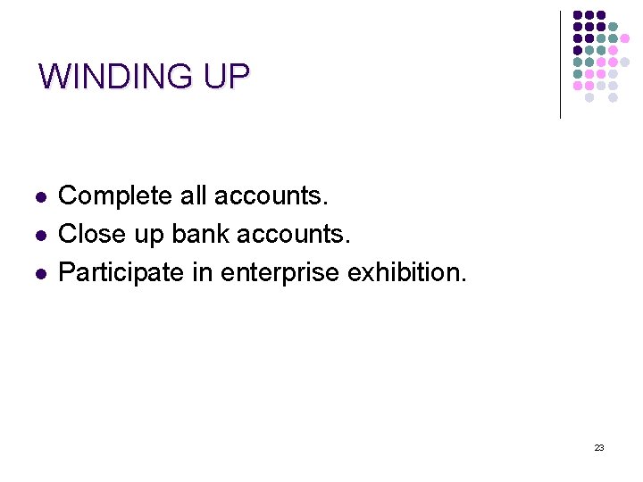 WINDING UP l l l Complete all accounts. Close up bank accounts. Participate in