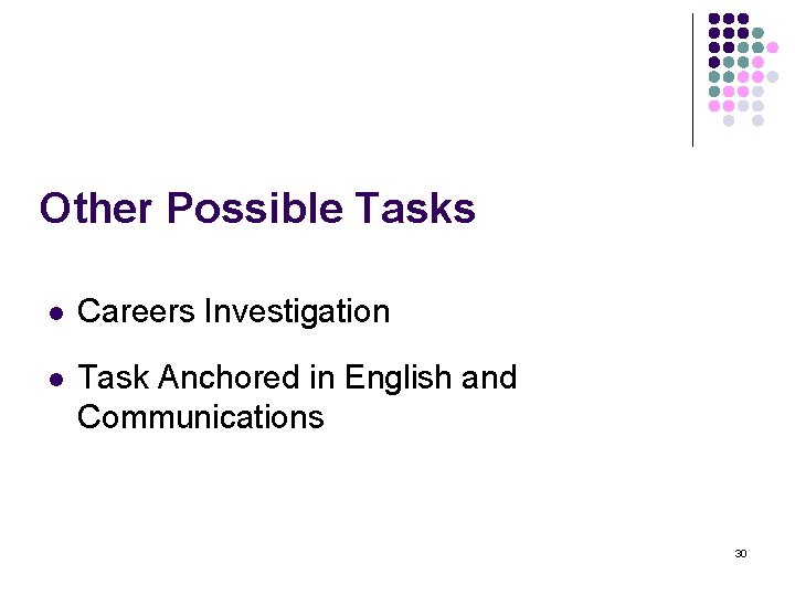 Other Possible Tasks l Careers Investigation l Task Anchored in English and Communications 30